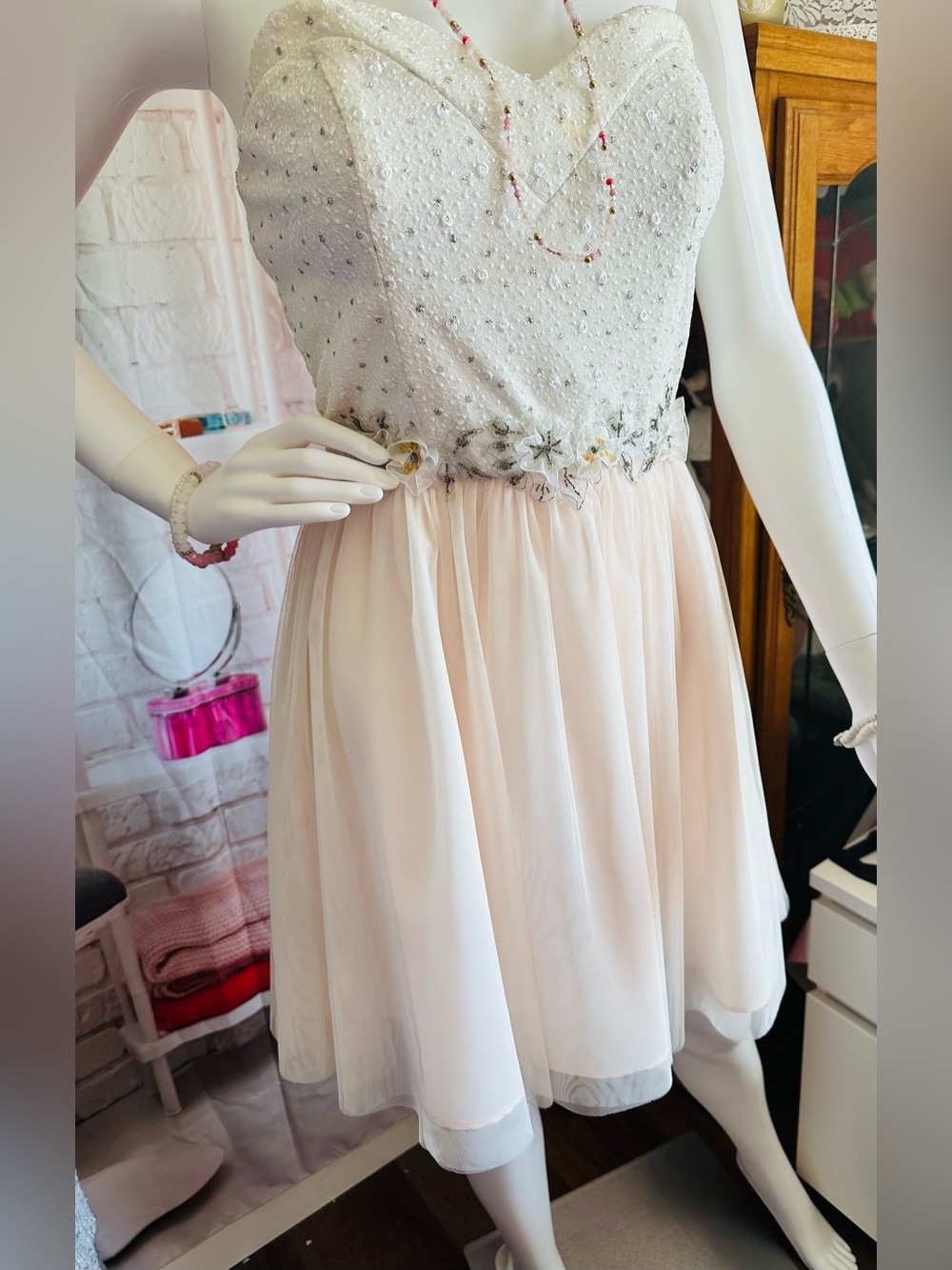 Masquerade Ivory and Pale Pink Beaded Party Dress - Picture 3 of 9